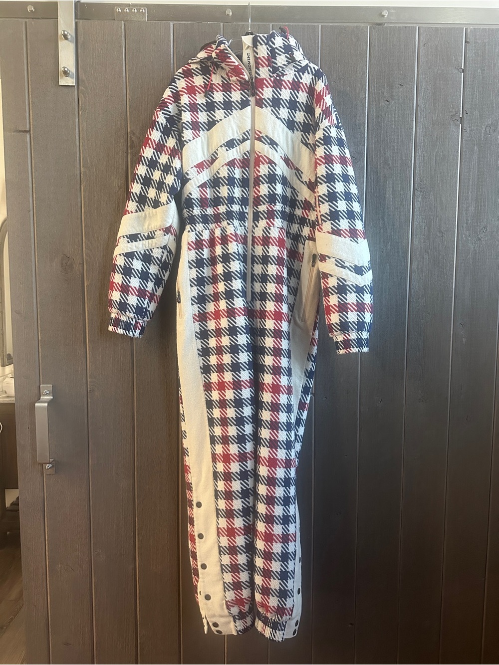 Perfect Moment Plaid Hooded Maxi Dress in Cream, Navy & Red